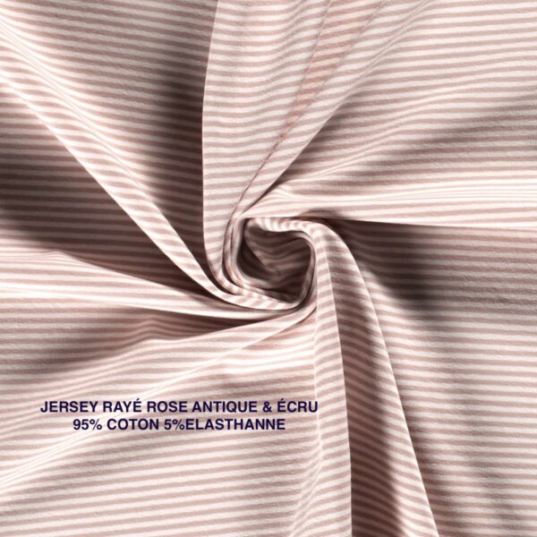 TISSU JERSEY RAYÉ ROSE ANTIQUE & ECRU