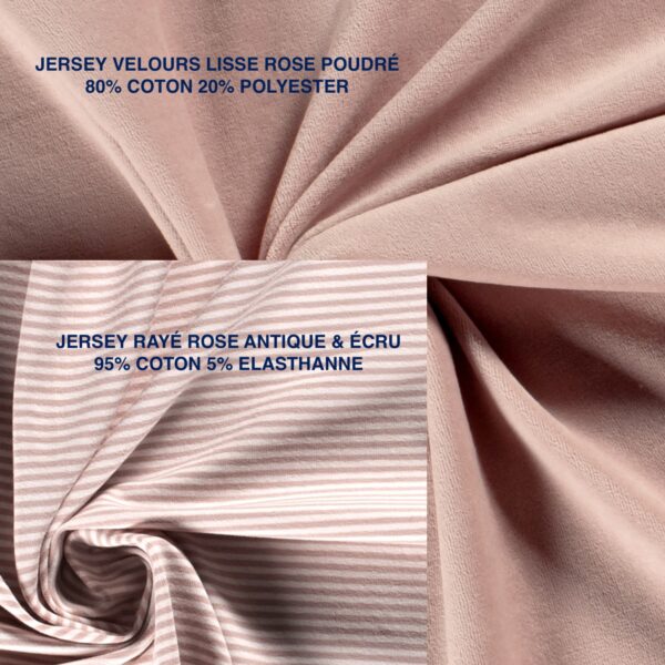 TISSU JERSEY RAYÉ ROSE ANTIQUE ET JERSEY VELOURS LISSE ROSE POUDRÉ